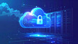 © Tegami - Abstract business technology background with glowing cloud icon, secure padlock hologram, futuristic server data network, cyber blue gradient, no text.