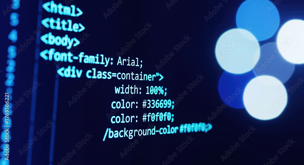 HTML and CSS codes for web design on screen. Programming, software ...