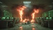© horizon - Powerful, dramatic photograph of a modern office in chaos, with computers and desks engulfed in flames, lines of glowing green code still visible.