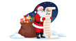 © Avra - A cheerful cartoon Santa Claus reading a long nice list scroll, standing next to a sack full of Christmas gifts and presents