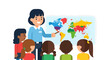 © Komang - Illustration Of A Teacher Explaining The World Map To Cute Children In The Classroom