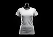 © ESHAL STUDIO - Bright white blank t-shirt displayed on a sleek black headless female mannequin against a dramatic dark background