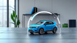 Modern blue car inside glass cover representing auto insurance and protection.