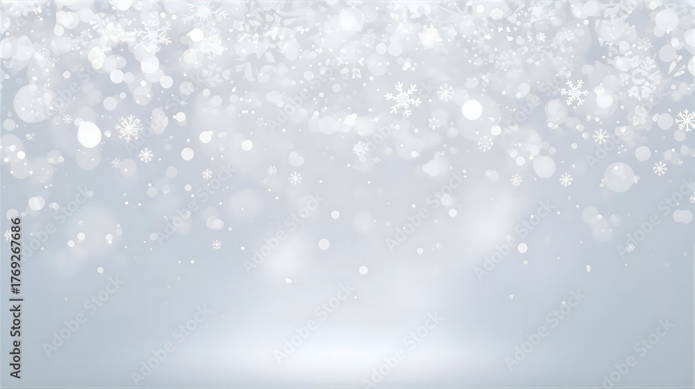 Abstract winter scene with falling snowflakes and soft, blurred lights ...