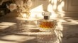 © harryaishi - Elegant perfume bottle on marble surface, sunlight.