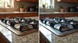 © Leonardo - Vista antes y después de una estufa de gas: superficie sucia y grasosa vs. superficie relucientemente limpia, encimera de cocina con luz tenue
