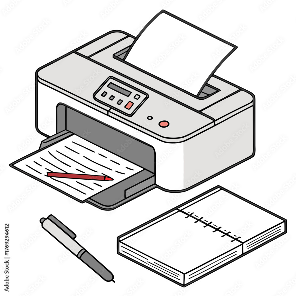 Printer For Notebook Paper Illustration of a printer with paper, pen, and notebook Stock Vector ...