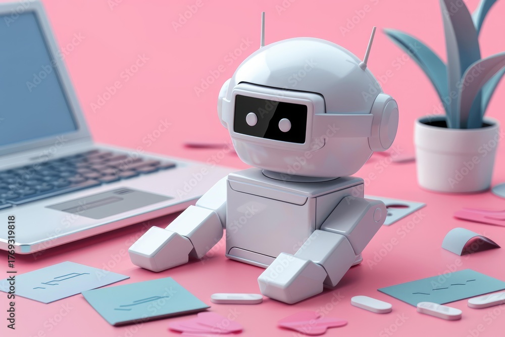 Cute white robot working on a laptop at a pink desk with sticky notes ...