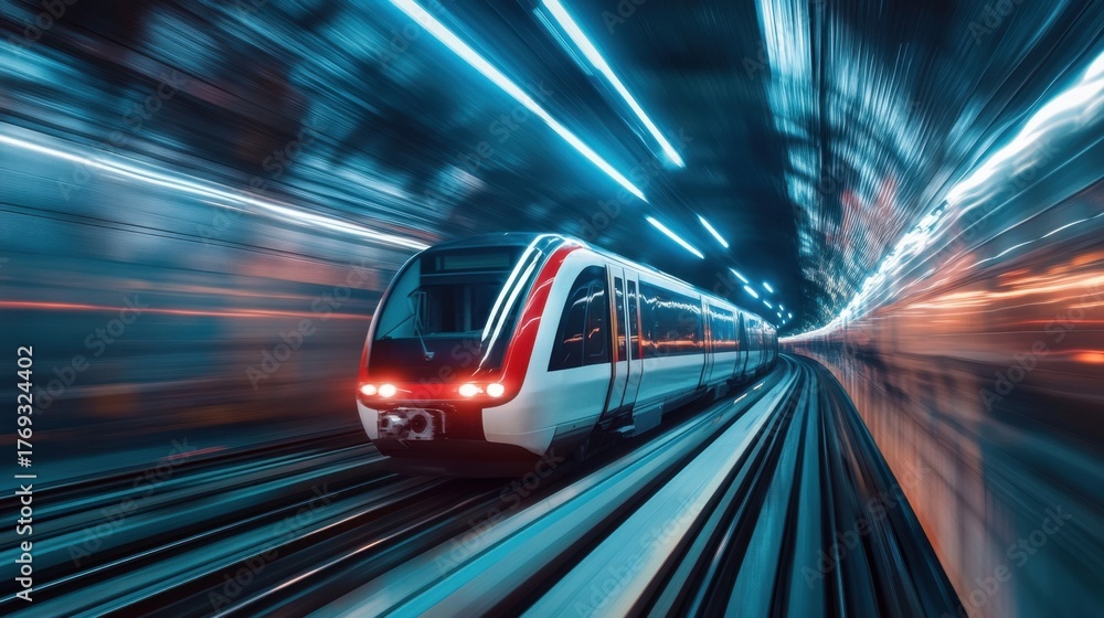 High speed subway train moving through illuminated tunnel with motion ...