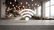 © Rifqi - Wireless internet signal on marble countertop with blurred cafe background featuring ambient lighting, concept for digital connection, remote working and modern lifestyle