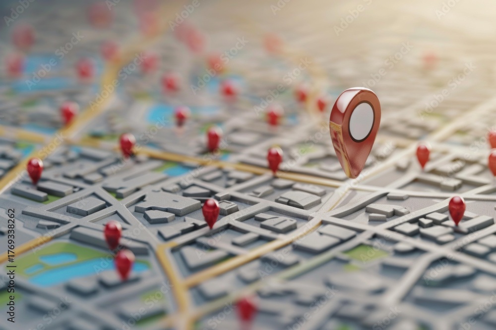 Red location pin marker hovering over a 3d city map showing multiple ...