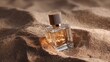 © ปฏิภาน ผดุงรัตน์ - Elegant perfume bottle nestled amidst textured sand, evoking a sense of luxury and sensory experience