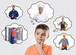 © New Africa - Little boy choosing future profession. Thought balloons with men presenting different occupations on white background