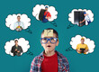 © New Africa - Little boy with question mark on paper note choosing future profession. Thought balloons with men presenting different occupations on teal background