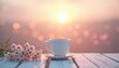 © Vadym - White cup with hot coffee sits on rustic wooden table at sunrise. Small pink, white flowers lie next to mug. Warm light creates peaceful, calm, cozy morning atmosphere. Bokeh lights blur background