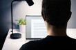 © terovesalainen - Write blog content with laptop computer. Writer of text, essay, letter, book or report document. Copywriter, editor, freelance journalist or author. Back of man in focus.