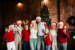 © deagreez - Family joins for Christmas celebration posing with tree and decorations in cozy living room as grandparents and grandchildren share smiles and festive cheer