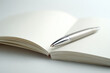 © lemonmoon - Silver pen resting diagonally on open white notebook, creating minimal and clean workspace concept with calm and focused atmosphere for writing or note taking