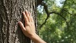 © Anna - A person's hand gently touching the textured bark of an old tree. Human connection with nature in a sunlit forest.