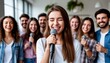 © NK_Media - Group of diverse smiling young friends enjoying a home karaoke party, singing into microphones, spending happy time together, celebrating and having fun
