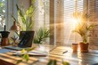 © Tatiana - Minimalist home office scene, warm natural light, neutral tones of beige and brown, tidy desk, laptop, notebook and pen, cup of tea or coffee, green houseplant.