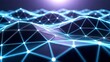 © PKArts - Futuristic abstract technology background showing a glowing blue digital network of interconnected nodes on a wavy polygonal grid, representing big data, communication, and core energy