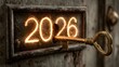 © DreamGen Works - Golden key unlocks a glowing 2026 sign symbolizing new beginnings and future opportunities with a vintage and hopeful aesthetic design element