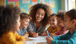 © Vadym - Female teacher laughs with diverse group of young children in classroom. Kids and woman smile while learning and drawing together. Early childhood education fun.