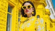 © Formoney - A woman in a yellow dress and sunglasses stands in front of a yellow building. The bright yellow color of the building and the dress creates a cheerful and vibrant mood