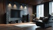 © Formoney - A black and white living room with a large flat screen TV and surround sound speakers. The room is furnished with a black leather couch and a black recliner. There are two potted plants in the room