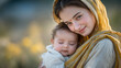 © Maksym - Elegant mother holding infant in warm hug, golden sari shimmering subtly, soft-focus background with natural daylight, capturing maternal affection