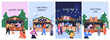 © Good Studio - Christmas card designs set. Greeting winter holiday seasonal posters. People at market fair, advent shopping, vertical backgrounds. Festive postcards with street booths. Flat vector illustrations.