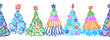 © larisa_zorina - Christmas tree seamless border set. Like child's hand drawing crayon or pencil simple naive pattern. Kids vector doodle joyful funny colorful innocent easy art Cartoon flat bright scribble design