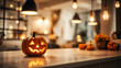 © yun visual - Stylish Halloween kitchen decor with a glowing jack-o'-lantern on a marble countertop, warm ambient lighting, and festive pumpkins. Ideal for seasonal ads, blogs, and home inspiration.