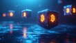 © Mrminthein - Futuristic 3D rendering of a geometric blockchain cube, glowing with the orange Bitcoin symbol, hovering over a digital landscape
