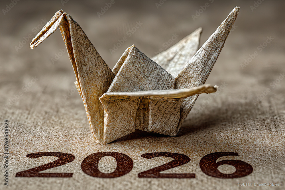 Origami Paper Crane with 2026 Year Number on Rustic Background – Symbol of Hope, Future Vision ...