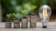 © ittipol - A visual representation of growth and innovation, featuring small plants growing from stacks of coins beside a lit lightbulb, symbolizing the connection between finance and sustain