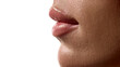 © master1305 - Female lips side view with smooth hydrated surface and natural gloss. Concept of cosmetic surgery aesthetic clinics, beauty skincare, and pharma derma cosmetics