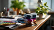 © Kateryna - Close up of Pantone swatches on designer desk no people visible color palette professional colors design swatches color selection Pantone system color tools desk defocused