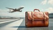 © Formoney - A brown leather bag sits on an airport runway as a plane departs into the sky above.