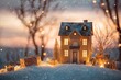 © Veronika Schrigen - Christmas banner with decorative country house, fairytale tree, magic garlands and bokeh, sunset background, perfect for family holiday greetings or real estate promotions, house as ultimate present