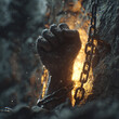 © fadi - Fiery fist bursting through chains and concrete barriers