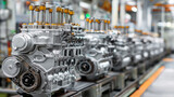 Detailed view of car engines on a production line in a factory