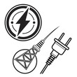 © Hf - An illustration featuring a lightning bolt in circle, electricity pylon in circle, and plug, symbolizing power, energy, and electrical supply