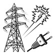 © Hf - Illustration of an electrical hazard featuring a power line tower, an electrical plug, and a lightning bolt, all, creating a striking and informative image
