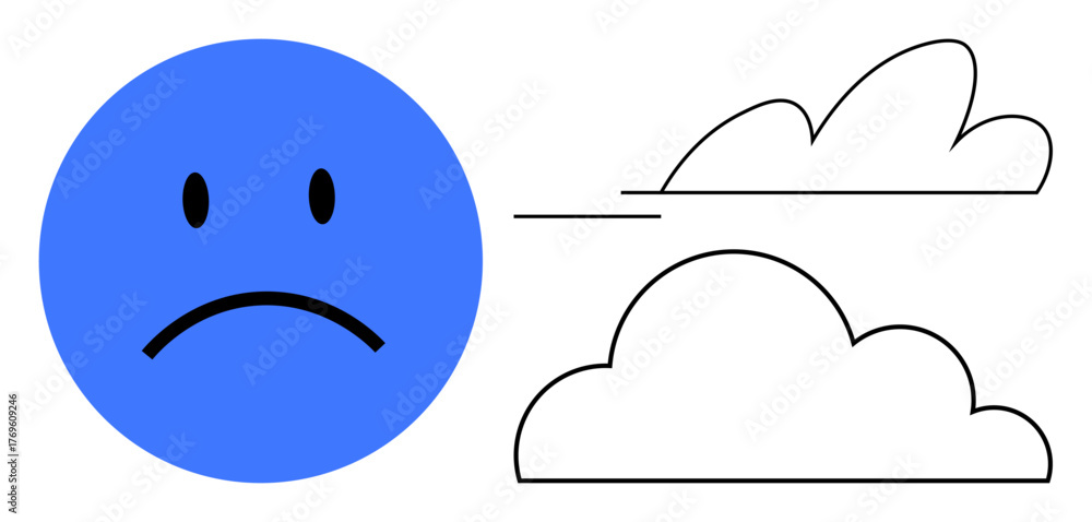 Sad Weathericon Blue sad face next to two outlined clouds, one solid and one linear ...