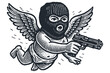 © Jumpingsack - A cupid or cherub in a balaclava mask aims a gun. Ironic vector illustration in a vintage woodcut style, blending love, crime, and humor.