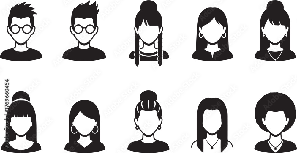 Collection of diverse user profile vector avatars in black and white ...