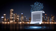 © javu - Smart contract document floating above city skyline with glowing circuit data security motif and futuristic digital connection