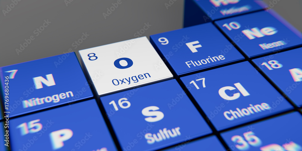 Detail view of the chemical element O Oxygen with the atomic number 8 ...